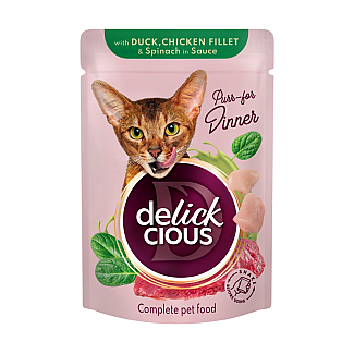 Повнораціонний консервований корм для дорослих котів DELICKCIOUS™ “Шматочки з качкою, курячим філе і шпинатом в соусі”, 85 г
