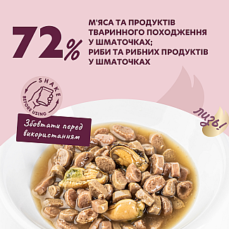 Повнораціонний консервований корм для дорослих котів DELICKCIOUS™ “Шматочки з лососем і мідіями в соусі”, 85 г