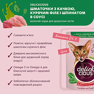 Повнораціонний консервований корм для дорослих котів DELICKCIOUS™ “Шматочки з качкою, курячим філе і шпинатом в соусі”, 85 г