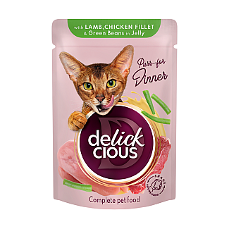 Повнораціонний консервований корм для дорослих котів DELICKCIOUS™ “Шматочки з ягнятиною, курячим філе і спаржевою квасолею в желе”, 85 г