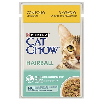 Консервований корм Purina Cat Chow Hairball Ніжні шматочки з куркою та зеленою фасолею для котів
