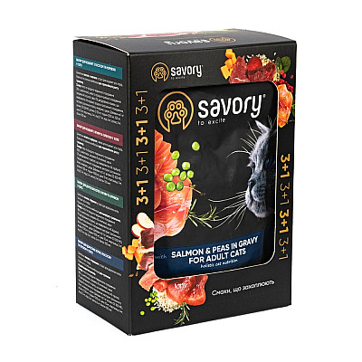 Набір паучів Savory Adult "3+1" для котів, лосось з горохом у соусі