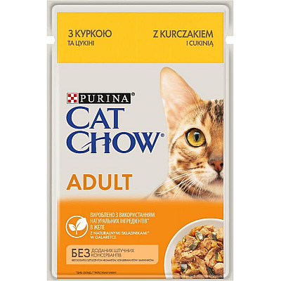 Cat Chow (Кет Чау) Adult Cat - Вологий корм c куркою і цукіні для дорослих котів (шматочки в желе)