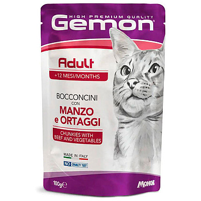 Gemon (Джемон) Cat Adult Chunkies with Beef&Vegetables - Вологий корм з яловичиною та овочами для дорослих котів (шматочки в желе)