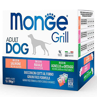 Monge (Монж) Grill Adult Dog Multipack Lamb&Pork&Salmon – Набір паучів з ягням та овочами, свининою, лососем для собак великих порід