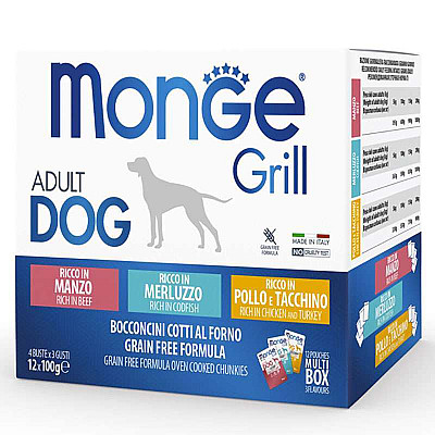Monge (Монж) Grill Multipack Chicken&Turkey&Beef&Cod Fish – Набір паучів з куркою, індичкою, яловичиною, тріскою для собак великих порід
