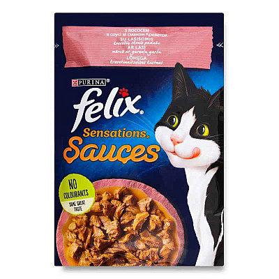 Консервований корм Purina Felix Sensations з лососем і креветками в соусі