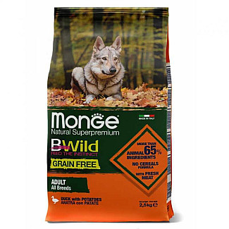 Беззерновий корм для дорослих собак усіх порід Monge (Монж) BWild Grain Free Duck Adult All Breeds з м'яса качки, 2.5 кг