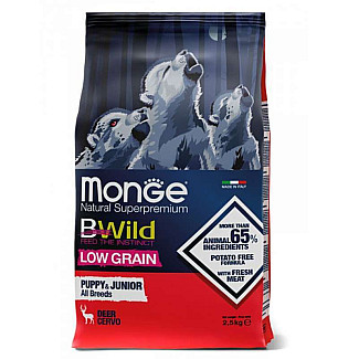 Низькозерновий сухий корм для цуценят всіх порід Monge (Монж) BWild Low Grain Wild Deer Puppy&Junior All Breeds  з олениною, 2.5 кг