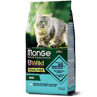 Сухий беззерновий корм для дорослих котів Monge (Монж) BWild Grain Free Cod Fish Adult Cat з тріски, картоплі та сочевиці, 1.5 кг