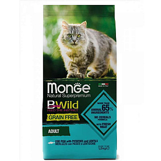 Сухий беззерновий корм для дорослих котів Monge (Монж) BWild Grain Free Cod Fish Adult Cat з тріски, картоплі та сочевиці, 1.5 кг