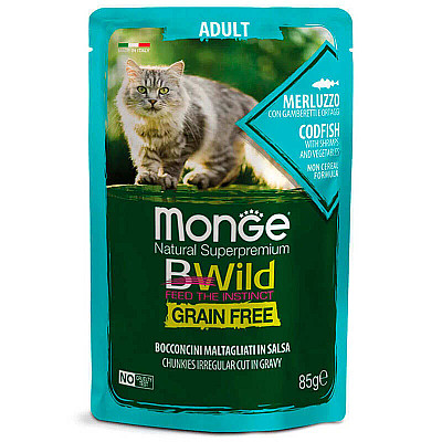 Monge (Монж) BWild Grain Free Wet Cod Fish Adult Cat - Вологий беззерновий корм із тріски з креветками та овочами для дорослих кішок (шматочки в соусі)