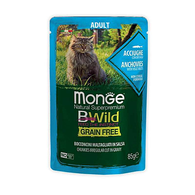 Monge (Монж) BWild Grain Free Wet Anchovies Adult Cat - Вологий беззерновий корм їз анчоусів з додаванням овочей для дорослих котів (шматочки в соусі)