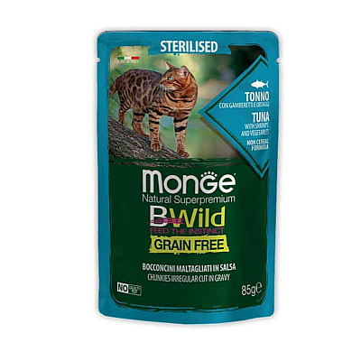 Monge (Монж) BWild Grain Free Wet Tuna with Shrimp Sterilized Adult Cat - Вологий беззерновий корм з тунця та креветок для стерилізованих котів (шматочки в соусі)