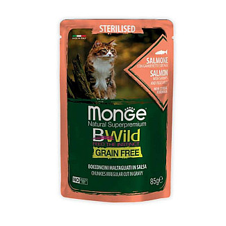 Monge (Монж) BWild Grain Free Wet Salmon with Shrimp Sterilized Adult Cat - Вологий беззерновий корм із лосося та креветок для стерилізованих котів (шматочки в соусі), 85 г