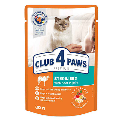 Club 4 Paws (Клуб 4 Лапи) Premium Cat Sterilized Beef in Jelly - Вологий корм із яловичиною для стерилізованих котів (шматочки в желе)