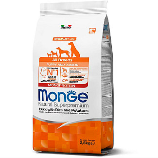 Monge (Монж) Natural Superpremium All breeds Puppy and Junior Monoprotein - Сухий монопротеїновий корм з качкою, рисом та картоплею для цуценят всіх порід, 2.5 кг