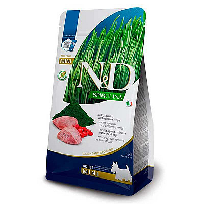 Сухий беззерновий корм Farmina N&D Spirulina для дорослих собак дрібних порід з ягням, спіруліною та ягодами годжі