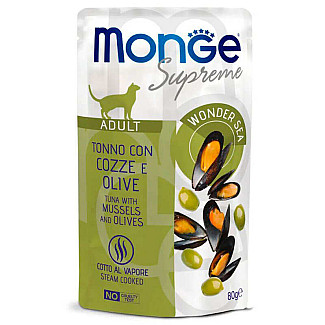 Вологий корм для дорослих котів Monge (Монж) Supreme Adult тунeць з мідіями та оливками, 80 г