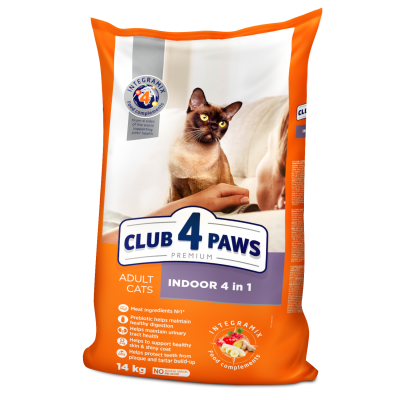 Сухой корм CLUB 4 PAWS PREMIUM Клуб 4 лапы 4 в 1 для взрослых кошек, живущих в помещении