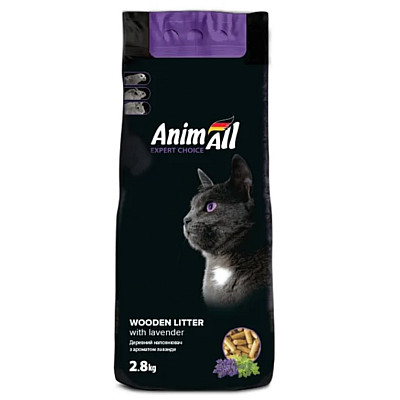 Древесный наполнитель для кошек AnimAll с ароматом лаванды.