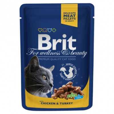 Brit Premium Cat (пауч) Шматочки в соусі для кішок з куркою та індичкою