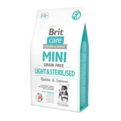 Сухий беззерновий корм для стерилізованих собак малих порід Brit Care Mini Light and Sterilised  із кроликом та лососем