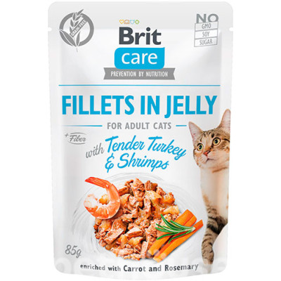 Вологий корм для котів Brit Care Cat Fillets In Jelly з індичкою та креветками в желе