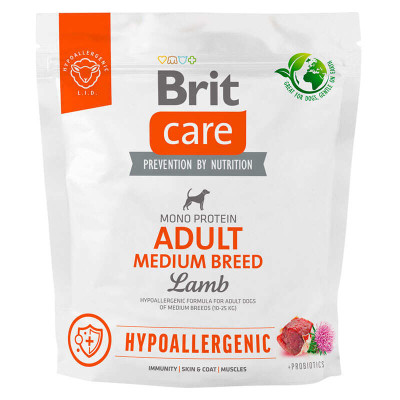 Сухий монопротеїновий гіпоалергенний корм для собак середніх порід Brit Care Dog Hypoallergenic Adult Medium Breed з ягням