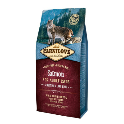 Сухий корм для котів з чутливим травленням CarniLove Salmon Sensitive & Long Hair Adult Cat з м`ясом лосося