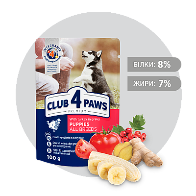 CLUB 4 PAWS ПРЕМІУМ вологий корм з індичкою в соусі для цуценят