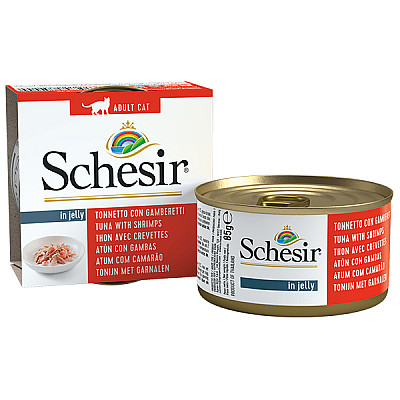 Schesir Tuna with Shrimps ШЕЗИР ТУНЕЦ С КРЕВЕТКАМИ в желе натуральные консервы для котов, влажный корм