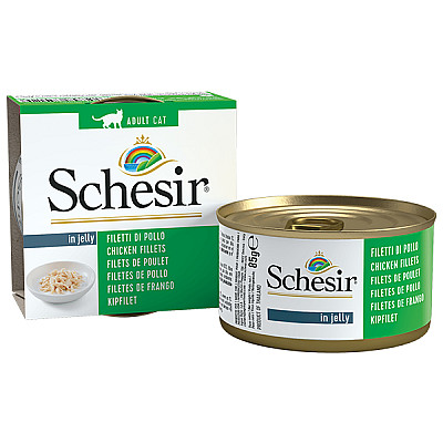Schesir Chicken Fillets ШЕЗИР КУРИНОЕ ФИЛЕ в желе натуральные консервы для котов, влажный корм, банка