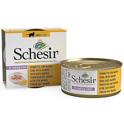 Schesir Tuna with Mango ШЕЗИР ТУНЕЦ С МАНГО в бульоне натуральные консервы для котов, влажный корм, банка