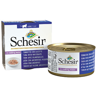 Schesir Tuna with Whitebaits ШЕЗИР ТУНЕЦ С АНЧОУСАМИ в бульоне натуральные консервы для котов, влажный корм, банка