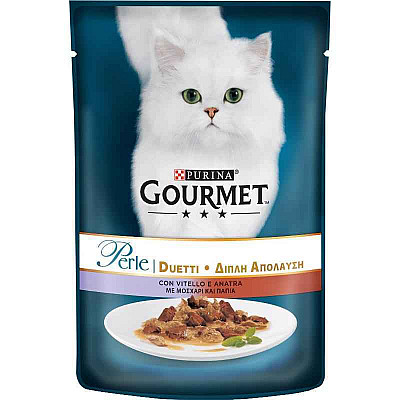 Влажный корм Gourmet (Гурмэ) Perle Duo с телятиной и уткой для кошек (кусочки в подливе)