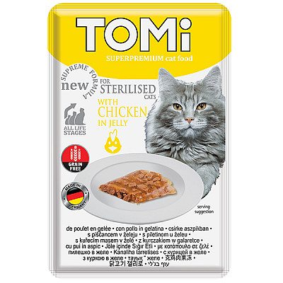 TOMi Sterilised Chicken in Jelly ТОМИ СТЕРИЛАЙЗИД КУРИЦА В ЖЕЛЕ  влажный корм консервы для стерилизованных кошек и кастрированных котов