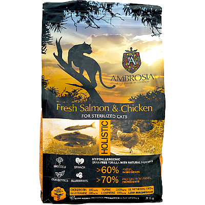 Сухой корм для стерилизованных кошек Ambrosia Grain Free со свежим лососем и курицей