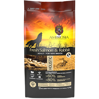 Сухий корм для дорослих собак міні порід Ambrosia Grain Free Dog Adult Mini Sensitive Fresh Salmon & Rabbit з свіжим лососем та кроликом