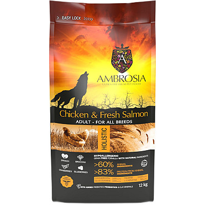 Сухий корм для дорослих собак усіх порід Ambrosia Grain Free Dog Adult Chicken & Fresh Salmon з куркою та свіжим лососем