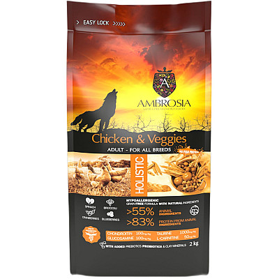 Сухий корм для дорослих собак усіх порід  Ambrosia Grain Free Dog Adult Chicken & Veggies  з куркою та овочами
