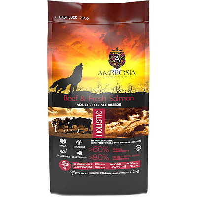 Сухий корм для дорослих собак усіх порід Ambrosia Grain Free Dog Adult Beef & Fresh Salmon з яловичиною та свіжим лососем