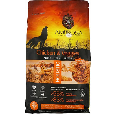 Сухий корм для дорослих собак усіх порід Ambrosia Grain Free Dog Adult Chicken & Veggies з куркою та овочами