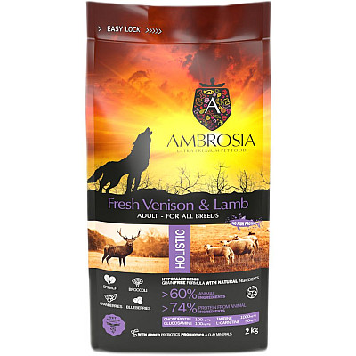 Сухий корм для дорослих собак усіх порід Ambrosia Grain Free Dog Adult Fresh Venison & Lamb з свіжою олениною та ягням