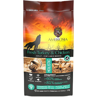 Сухий корм для дорослих собак усіх порід Ambrosia Grain Free Dog Adult For Large Breeds Fresh Turkey & Chicken з свіжою індичкою та куркою