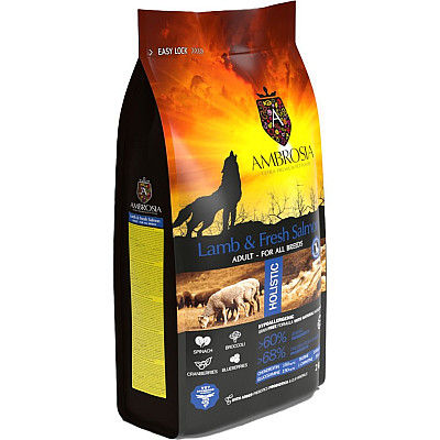 Сухий корм для дорослих собак усіх порід Ambrosia Grain Free з ягням та свіжим лососем