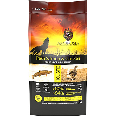 Сухий корм для дорослих собак малих порід Ambrosia Grain Free з свіжою куркою та лососем