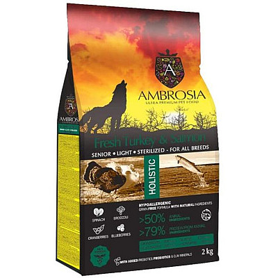 Сухий корм для старіючих собак усіх порід Ambrosia Grain Free з свіжою індичкою та лососем