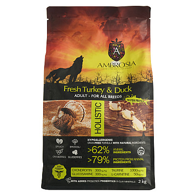 Сухий корм для дорослих собак усіх порід Ambrosia Grain Free Dog Adult Fresh Turkey & Duck з свіжою індичкою та качкою