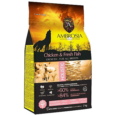 Сухий корм для цуценят усіх порід  Ambrosia Grain Free з куркою та свіжою рибою